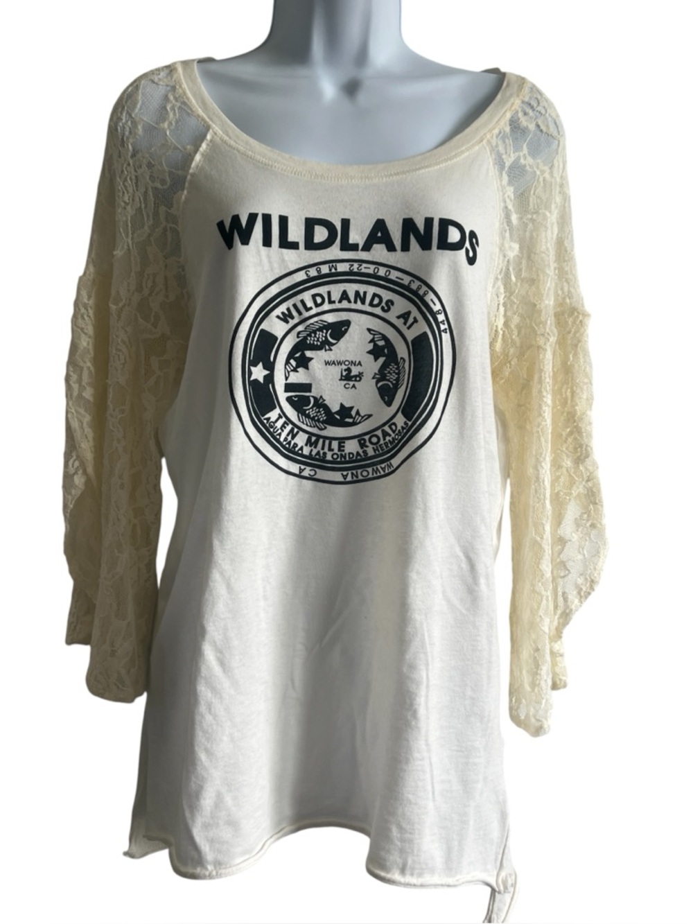 WE THE FREE Free People Wildlands Graphic Lace Bell Sleeve Oversized Size Small - Picture 2 of 11